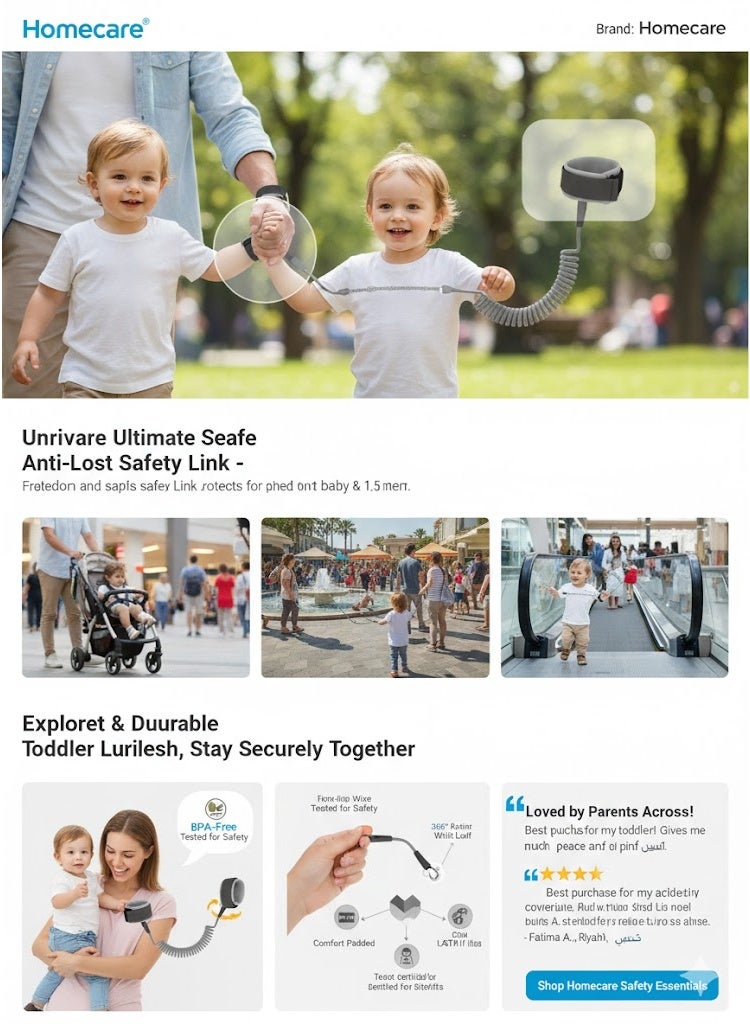 هوم كير سوار معصم أمان فائق الأمان للأطفال الصغار من هوم كير - حبل سلك فولاذي عاكس للضوء بطول 1.5 متر يدور 360 درجة مع أساور مبطنة تسمح بالتهوية وقفل أمان لسلامة الأطفال في الأماكن المزدحمة وأثناء السفر والتسوق - أزرق - Image 2